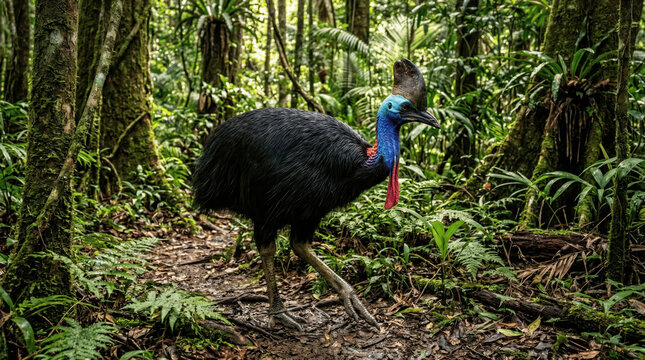 A cassowary moves along a path in a tropical forest