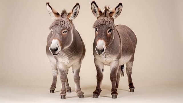 Two Adorable Donkeys Standing Together in a Studio Portrait.