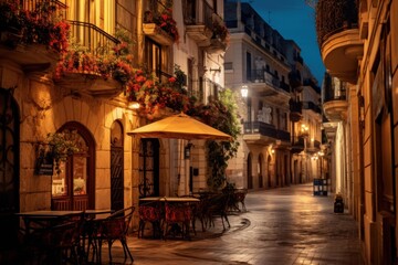 Fototapeta premium Charming evening scene on a european street with outdoor cafe seating under lights
