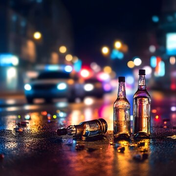 Bottles of alcohol on a wet street at night with blurred car lights social issue glass bottles abandoned reflection pavement cityscape nightlife drunkenness overconsumption