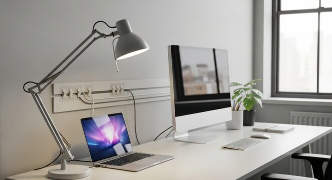 Modern office desk setup with a laptop, desktop computer, and adjustable lamp for efficient workspace organization