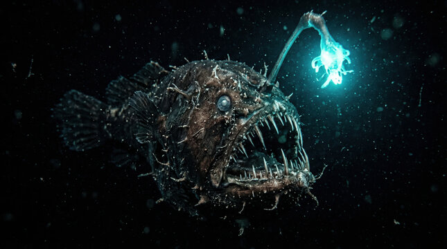 An anglerfish moves through dark ocean waters