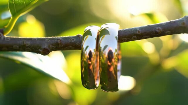 Extreme close-up macro video of two polished gold wedding rings swaying from a branch, with creamy green foliage bokeh and warm dappled golden hour light. Enduring love concept