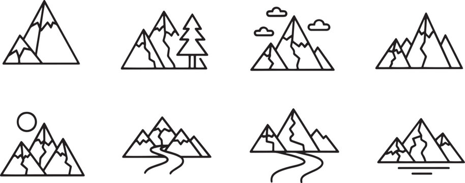 Three black and white line drawings of mountains are arranged in a 3x4 grid. Each mountain illustration features varying levels of detail, including trees, clouds, and small circles.