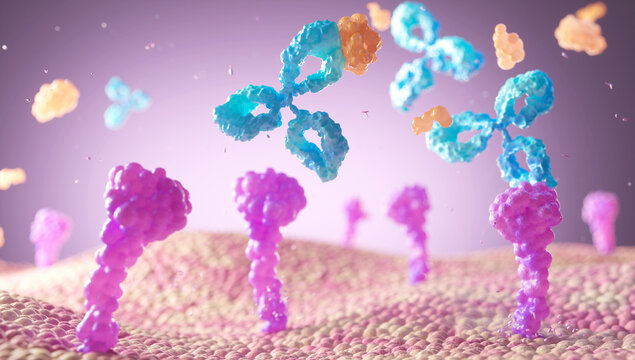 Antibodies attack a cancer cell or Virus, 3d illustration.