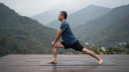 Fototapeta premium Peaceful outdoor yoga practice in mountains with serene backdrop