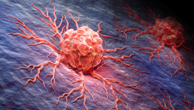 3D Medical illustration of red cancer cells or tumor growing and attaching to the healthy cell wall.