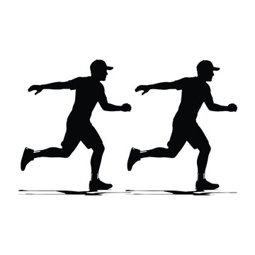 Two men running side by side in silhouette against white background