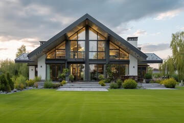 Fototapeta premium a modern house with a gable roof and large windows on a green lawn