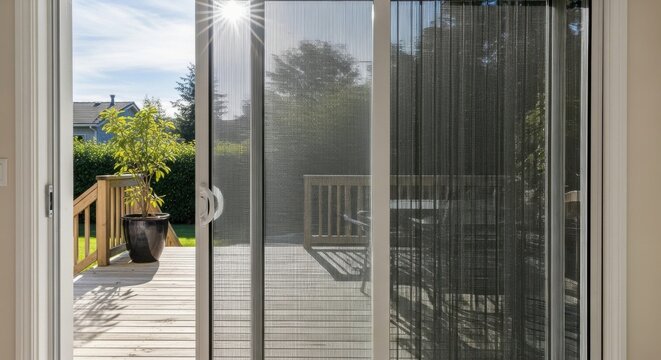 Retractable insect screen on a modern sliding patio door overlooking a sunlit backyard with lush greenery