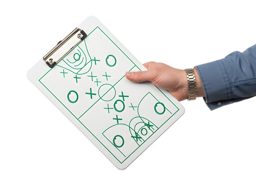 A hand holding a clipboard with a green strategy diagram drawn on it