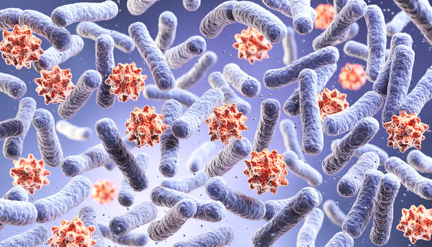 Concept of healthy gut microbiome with probiotics neutralizing pathogens or bad bacteria 3d illustration.