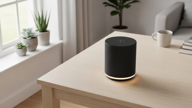 Cylindrical smart speaker on table, indoor setting, plants in window, minimalist