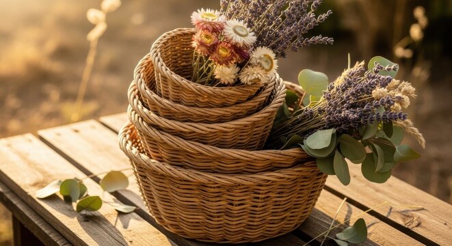 Stack of Woven Raffia Baskets with Dried Flowers and Lavender