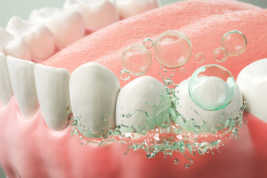 3D Illustration to show how to clean and whiten teeth with blue bubbles and water,Gum and teeth care concept.