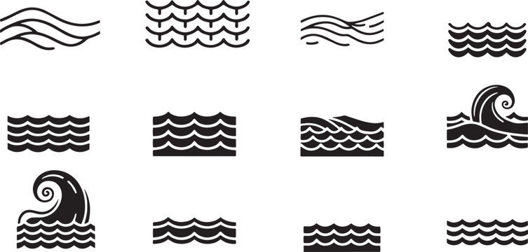 A black and white graphic set depicting various wave patterns. The design features a series of stylized wave icons, ranging from simple lines to more complex, rolling waves.