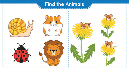 Find the Animals Activity Illustration with Snail, Hamster, Ladybug, Lion, Dandelion Flowers, and Mice for Children's Learning and Games © Rafika