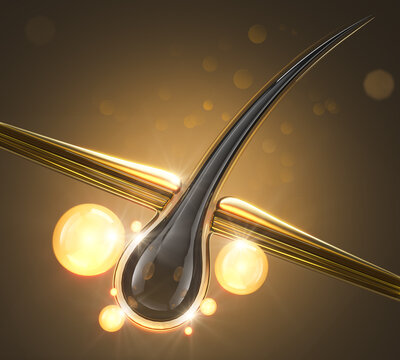 The molecule nourishes and repairs hair, Shampoo or vitamin serum 3d illustration.