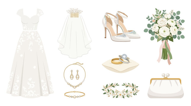 Wedding dress and accessories on display.