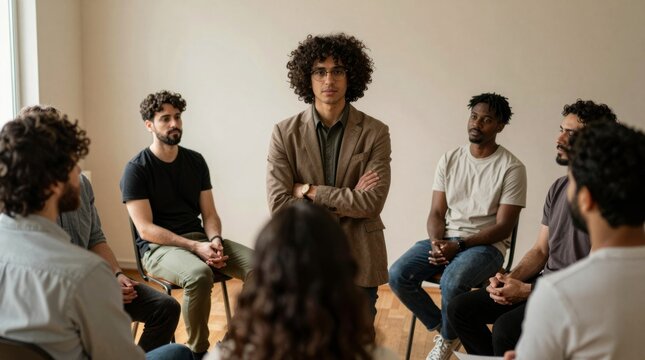 Group Therapy Session with Diverse Participants and Facilitator