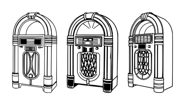Jukebox set with retro black line art on white background featuring jukebox, music, vinyl with vintage and nostalgia, collecting and dancing