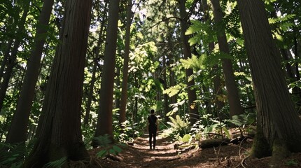 Fototapeta premium Solitary Figure Walking Through Lush Green Forest Pathway