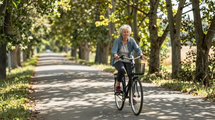 Obraz premium Senior Woman Cycling Joyfully Through a Scenic Tree-Lined Pathway