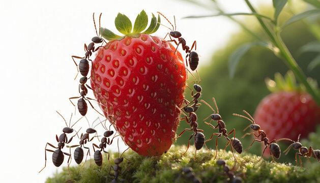 Ants working together to carry a large ripe red strawberry