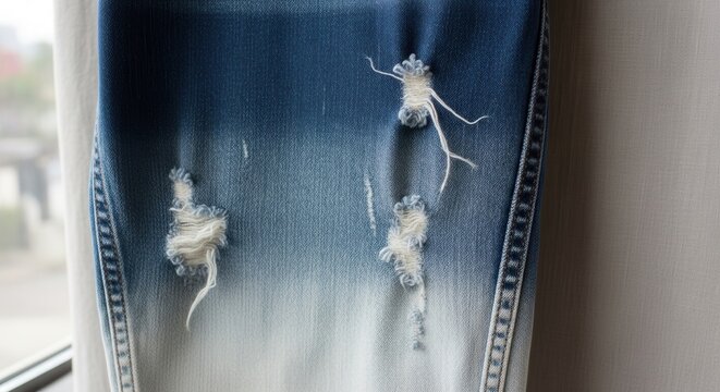 Close-up view of distressed denim fabric with a blue to white gradient and visible wear marks
