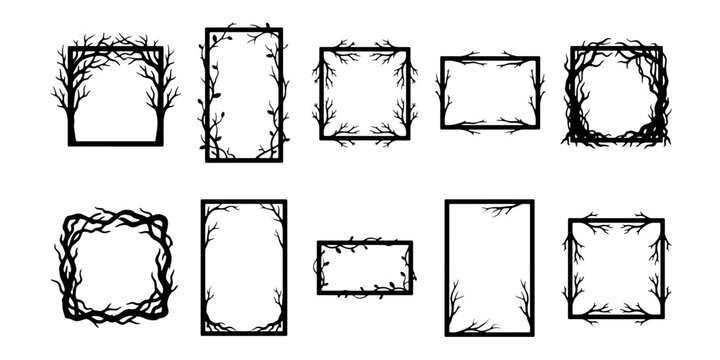 Spooky thorn branch frames set, 10 gothic black twig border vectors, creepy forest wood frames for Halloween invitations and dark aesthetic designs