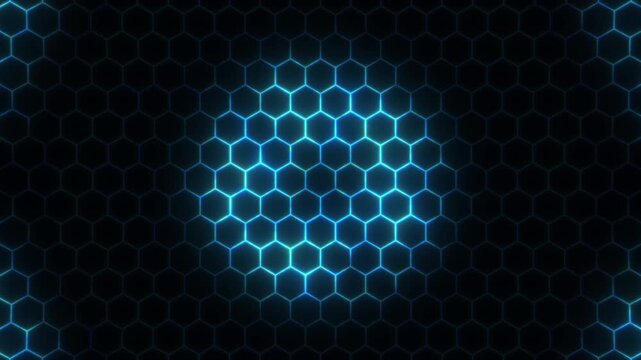 Seamless looping animation of a glowing blue hexagon grid on a black background. Symmetrical honeycomb structure with a dynamic, energetic circular pulse effect. High-tech geometric background