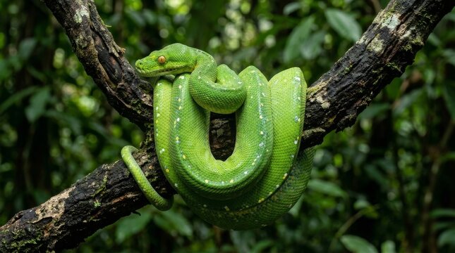 Green tree python coiled on branch close up vibrant snake reptile wildlife detail