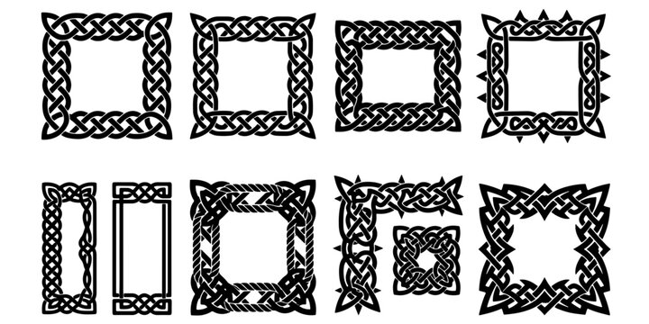 Celtic knot frames and borders set, 10 black vector elements with intricate braided patterns, traditional Irish knotwork square and rectangular frames