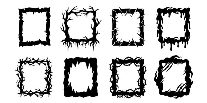 Gothic horror border collection, creepy black frame set with 8 vector elements, spooky branch and dripping slime frames for Halloween design