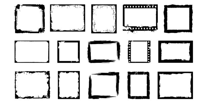 Grunge border collection with 15 distressed frame vectors, vintage film strip and textured photo edges, black ink brush stroke frames on white