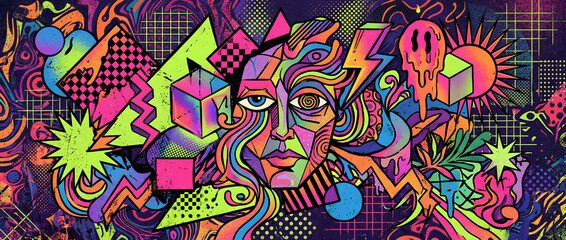 Fototapeta premium Psychedelic style abstract illustration featuring human face with geometric shapes and vibrant colors