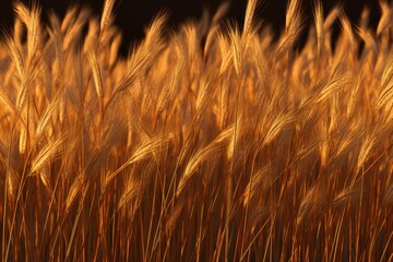 Naklejka premium Golden wheat stalks glowing in warm backlight at sunset, representing agriculture and harvest season