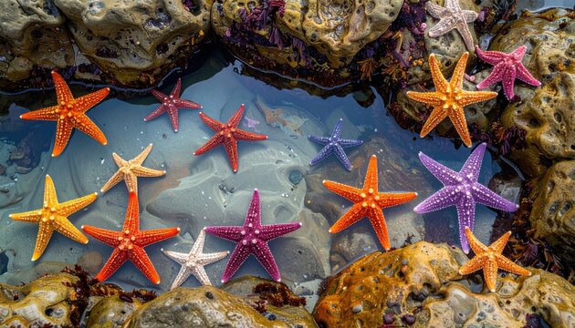 A colorful collection of various starfish scattered across a sunlit rocky tide pool with clear water