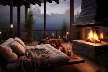 Obraz premium Luxurious balcony retreat featuring a warm fireplace and comfortable seating overlooking a nighttime mountain landscape