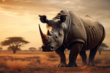 Fototapeta premium Rhinoceros standing in dry savanna landscape under orange sky at dusk