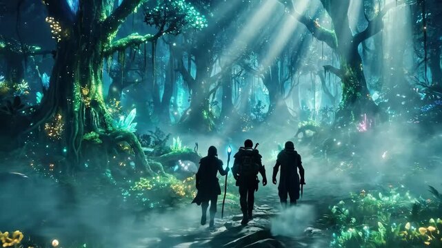 Silhouetted adventurers standing in glowing magical forest, mystical light rays and atmospheric fog, fantasy exploration theme with cinematic depth, ultra-detailed realism,no logos