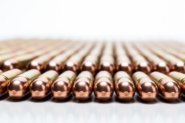 Obraz premium Rows of metallic bullet cartridges showing ammunition and weaponry elements