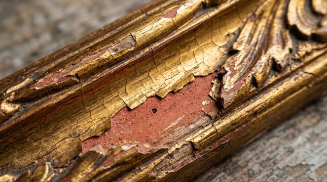 Antique gold picture frame close up with cracked gilding and red bole clay surface detail.