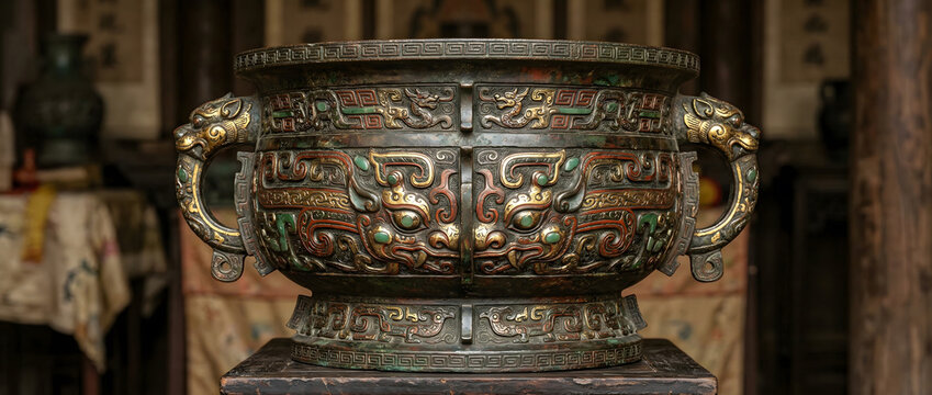 Bronze incense burner in ding shape with beast face motifs and dual handles