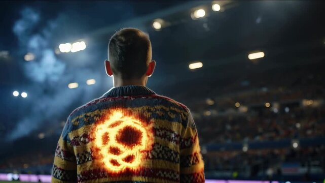 Back view of a fan in a patterned sweater with a glowing fiery emblem, standing before a packed stadium under bright floodlights and atmospheric haze. Modern fan culture.