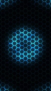 Seamless looping animation of a glowing blue hexagon grid on a black background. Symmetrical honeycomb structure with a dynamic, energetic circular pulse effect. High-tech geometric background