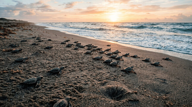 Baby turtles are crawling across the sandy beach toward the ocean as the sun rises