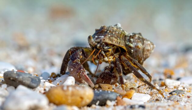 Tiny Hermit Crab Meticulously Arranging Pebbles Around its Shell on a Sandy Beach, Focused Behavior.