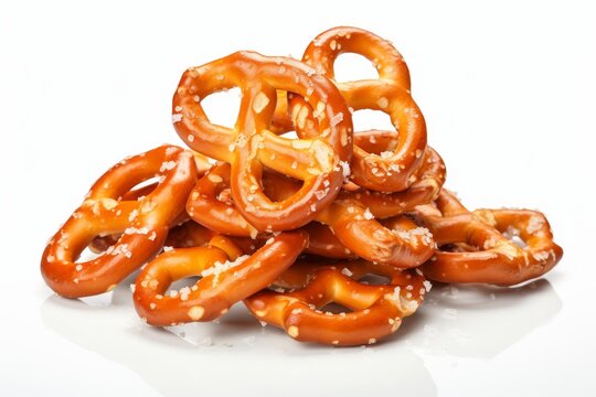 Salted golden brown hard pretzels forming a small heap on a reflective white surface