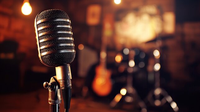 A vintage microphone stands on a stage with a blurred background of musical instruments and stage lights.